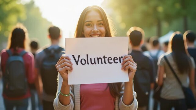 Volunteer work with kind young woman holding sign with word volunteer in bright daylight. Volunteer work gives hope for community, kindness and charity for good cause.