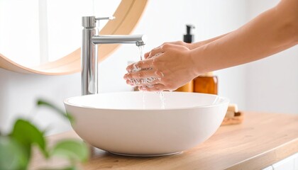 Hand washing action at modern bathroom sink contemporary home lifestyle image clean environment close-up viewpoint