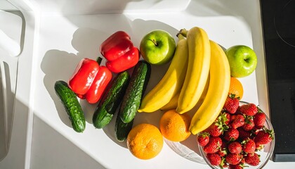 Fresh fruits and vegetables display kitchen food photography bright environment top view healthy lifestyle