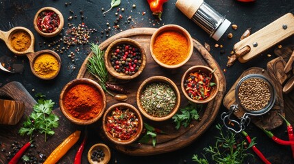 Rustic bowls with colorful spices herbs and seeds arranged on wooden table background