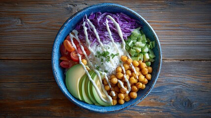 Overhead view of a colorful vegan buddha bowl featuring rice, chickpeas, avocado, tomatoes, cucumber, and red cabbage, drizzled with a creamy dressing, served in a blue bowl on a wooden background.