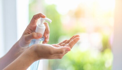 Hand sanitizer application home instructional image bright environment close-up hygiene awareness