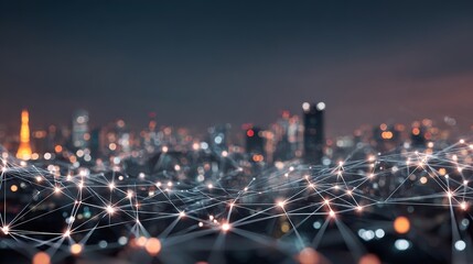 Futuristic city network glows at dusk illuminating Tokyo's iconic skyline with advanced technology connections expanding.