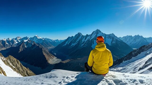 A solitary adventurer in a yellow jacket sits on a high snowy peak, contemplating the vast, epic mountain range under a vibrant blue sky, highlighted by a strong sun flare.