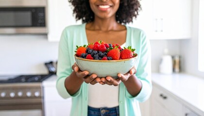 Healthy lifestyle event woman enjoying fresh berries in modern kitchen joyful atmosphere close-up view wellness concept