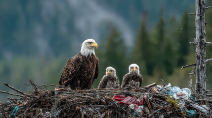 Eagle and chicks in nest surrounded by plastic pollution in natural habitat, wildlife theme