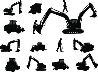 Silhouette collection of excavators, tractors, dump trucks, and construction workers in safety vests operating heavy equipment at building site construction industry area