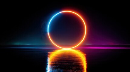 Vibrant neon arrow forming a circular loop, glowing brightly against a dark background. Its reflection adds to the surreal, colorful scene.