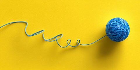 Blue yarn ball and winding thread on yellow background