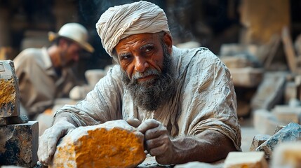 Elderly craftsman chiseling stone at a construction site embodying traditional skilled labor and ancient techniques