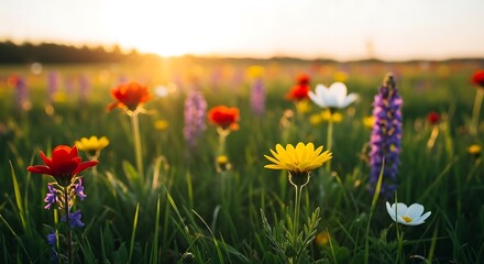 Vibrant wildflowers bloom in a field at sunset, capturing the beauty of nature - Whisk_49421a32d9