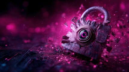 A shattered padlock surrounded by vibrant pink and purple particles, symbolizing security and digital fragility in a high-tech environment.