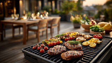 Outdoor bbq on deck with grilled meats and vegetables at sunset near elegant dining setup