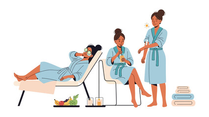 Three diverse women in light blue spa robes enjoying a relaxing spa day with facial masks and refreshing drinks