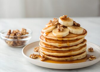 Golden Pancakes Stack with Banana Slices and Walnuts