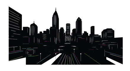 Modern cityscape silhouette with vibrant streetlights at dusk