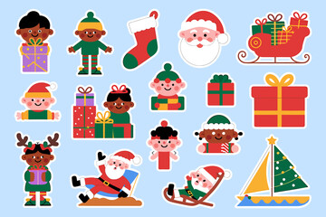 Vector art of collection of diverse christmas characters and symbols, including santa, elves, reindeer, gifts, and a sleigh, on a blue background