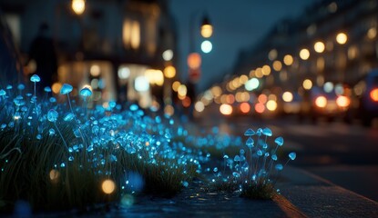 Glowing mushrooms in city night