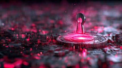 A digital keyhole emerges from a futuristic, glowing circuit landscape, bathed in red hues, symbolizing access or security in a tech-driven environment.