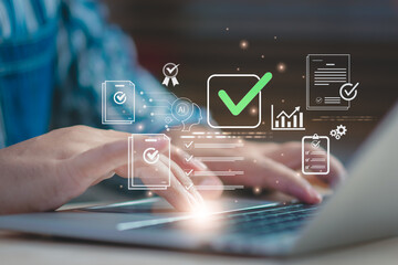 Concept AI-powered checklist and document control professional types on laptop, with floating check marks, reports, and graphs, symbolizing compliance verification, approval workflow, and efficiency.
