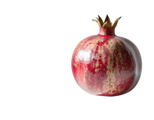 Single pomegranate, vibrant red, with light beige/tan markings, isolated on black