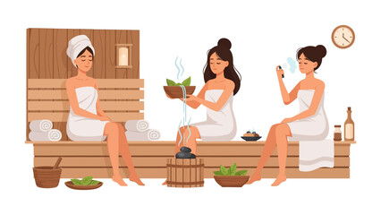 Three diverse women in towels relaxing in a cozy wooden sauna enjoying a spa day with aromatherapy and wellness treatments