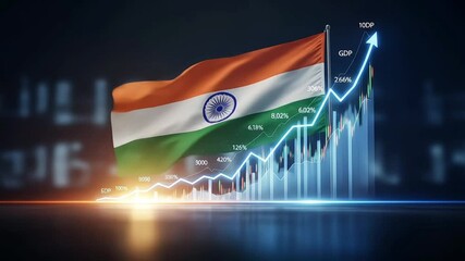 An Indian flag with a rising GDP graph representing economic growth. - Powered by Adobe