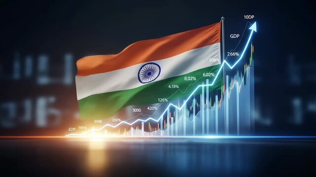 An Indian flag with a rising GDP graph representing economic growth. - Powered by Adobe
