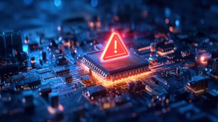 A high-tech circuit board with a glowing warning sign, symbolizing alerts or errors in electronic systems.