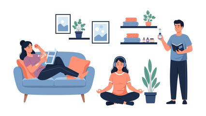 Diverse individuals enjoying a peaceful and relaxing day at home engaging in various leisure activities and self care practices