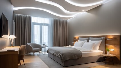 Fototapeta premium Modern hotel bedroom with warm lighting and natural light