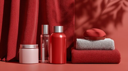 Red background towels bottles cosmetics arranged spa wellness beauty composition