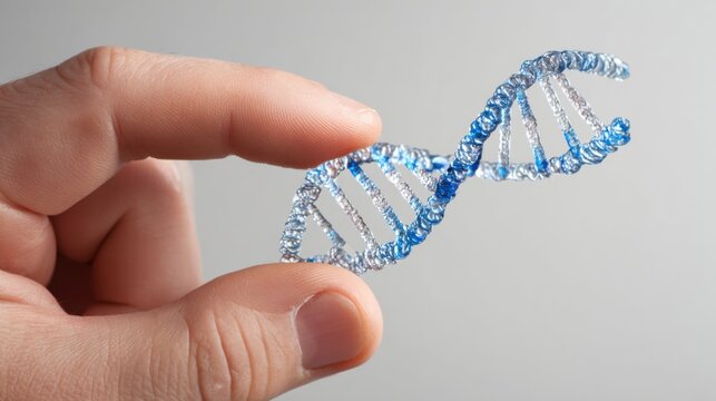 Hand Holding a Colorful DNA Helix Model on a Gray Background