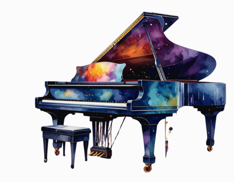 Minimalist Watercolor Upright Piano with Abstract Splashes, Transparent PNG