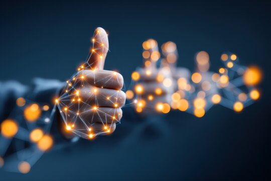 A digital representation of a hand giving a thumbs-up, showcasing a network of glowing connections against a dark background.