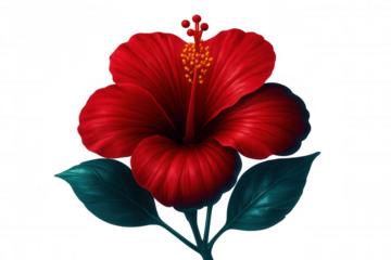 Red hibiscus flower blossoming, revealing delicate crimson petals and golden stamen against transparent backdrop