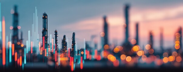 Blurred industrial landscape overlaid with financial data
