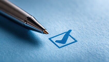 Checked box, pen on blue paper