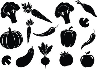 Collection of black silhouette illustrations of fresh vegetables and fruits on white background