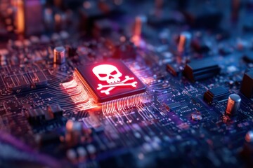 A close-up view of a circuit board featuring a glowing skull and crossbones symbol, representing danger or malware in technology.