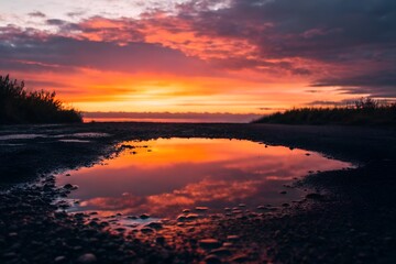 Naklejka premium Vibrant Sunset Reflected in Puddle on Road