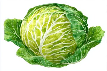 Fototapeta premium Watercolor illustration of a fresh, detailed cabbage head with green leaves, isolated on white background