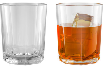 Empty glass and glass with alcohol drink and ice. Fly Travel concept, transparent background