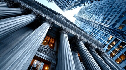 Upward view corporate skyscraper facade classical columns financial district architecture professional business exterior