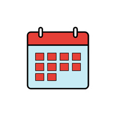 Simple calendar icon with red top and light blue pages isolated on transparent background