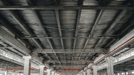 Obraz premium View of Industrial Ceiling with Steel Beams and Concrete Columns