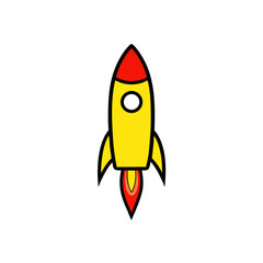 Cartoon yellow rocket ship with red tip and flames isolated on transparent background