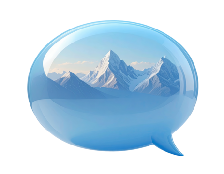A light-blue, glossy speech bubble enclosing a mountain range scene