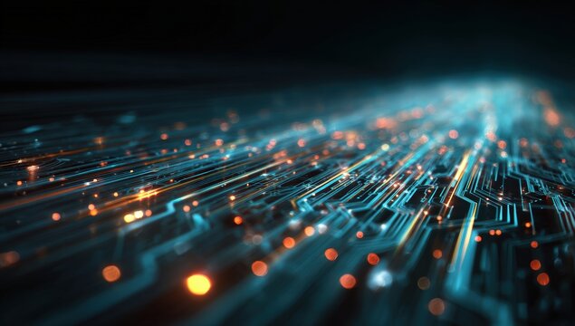 Abstract circuit board, digital art, glowing lines
