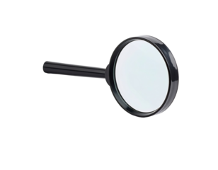 A black magnifying glass with a round lens and a handle